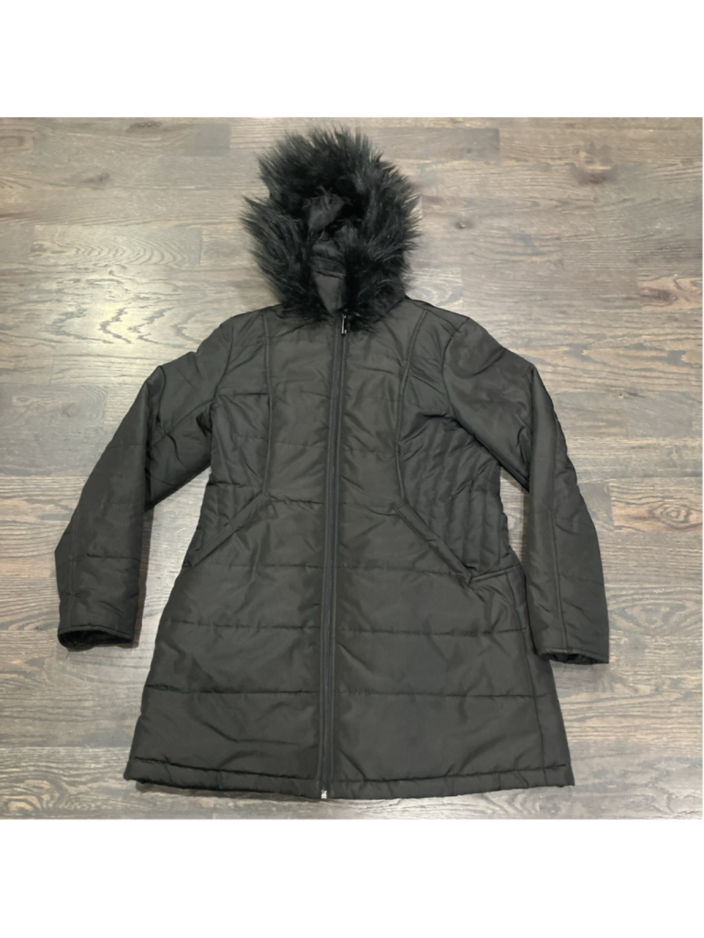 Maralyn & Me Black Puffer Jacket Coat Womens Large Faux Fur Hooded Winter Warm